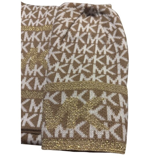 Michael Kors Knit Scarf & Hat Set O/S Beige White MK Logo Design Fall - Picture 3 of 4